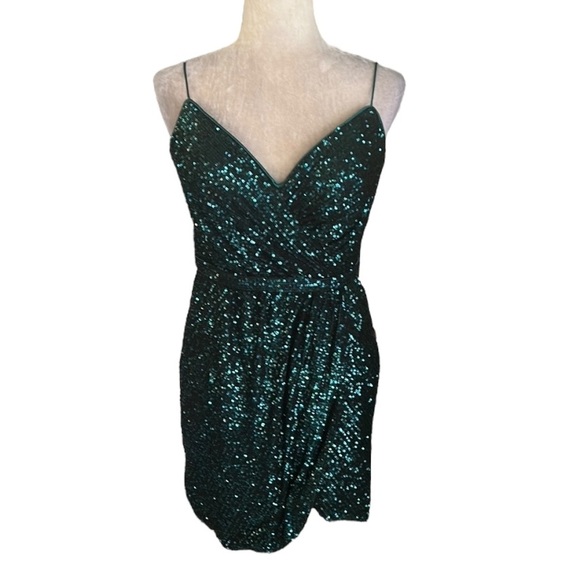 PromGirl Emerald Green Sequin Wrap Front Open Back Mini Dress - 8 - Picture 2 of 11